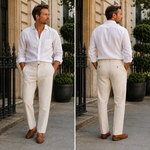 Tasso Elba Linen Trousers Men's 38x28 Natural Ivory Flat Front Straight Leg Pant